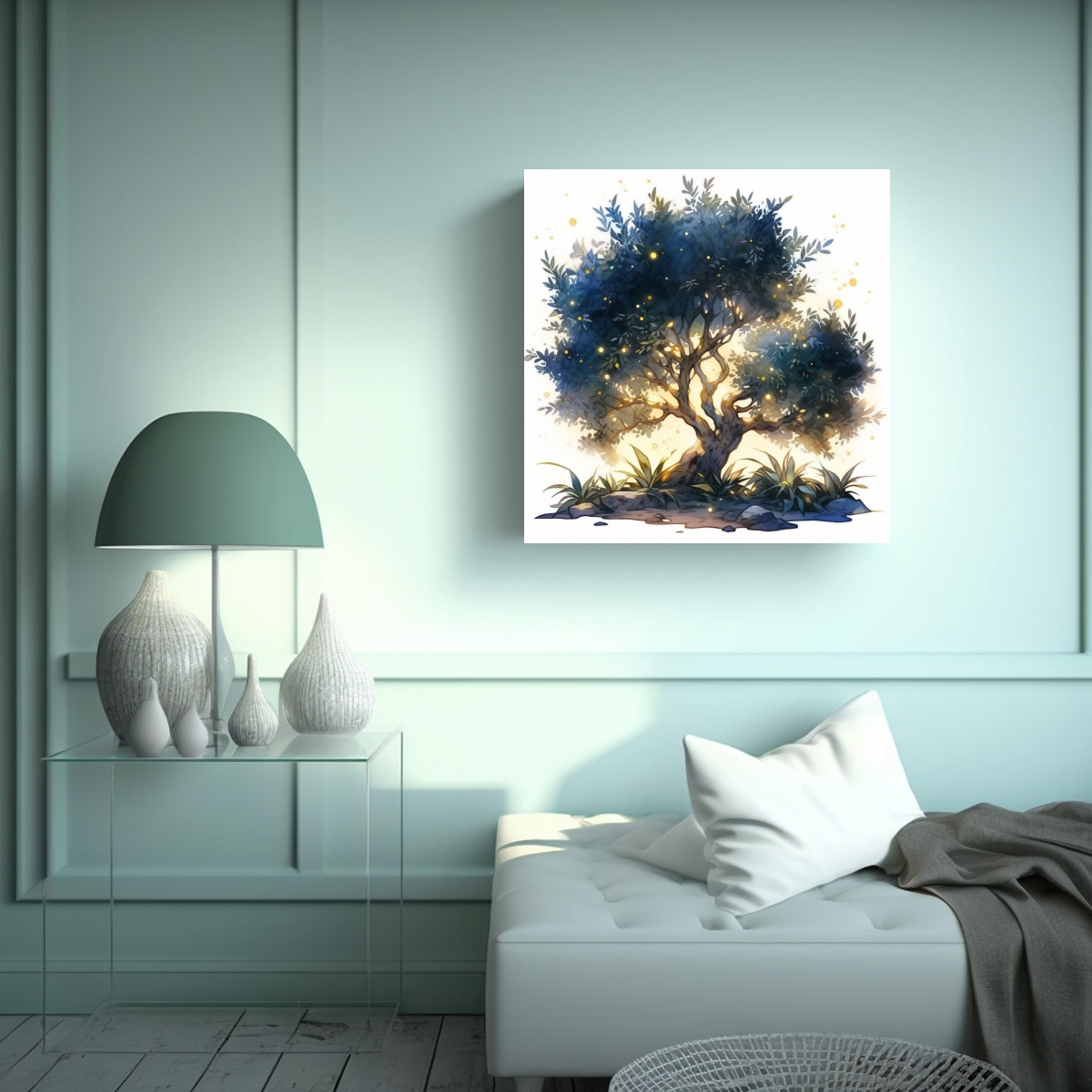 CUADRO DE ÁRBOL DE OLIVO EN COLORES ACUARELA 80X80 CM - 2