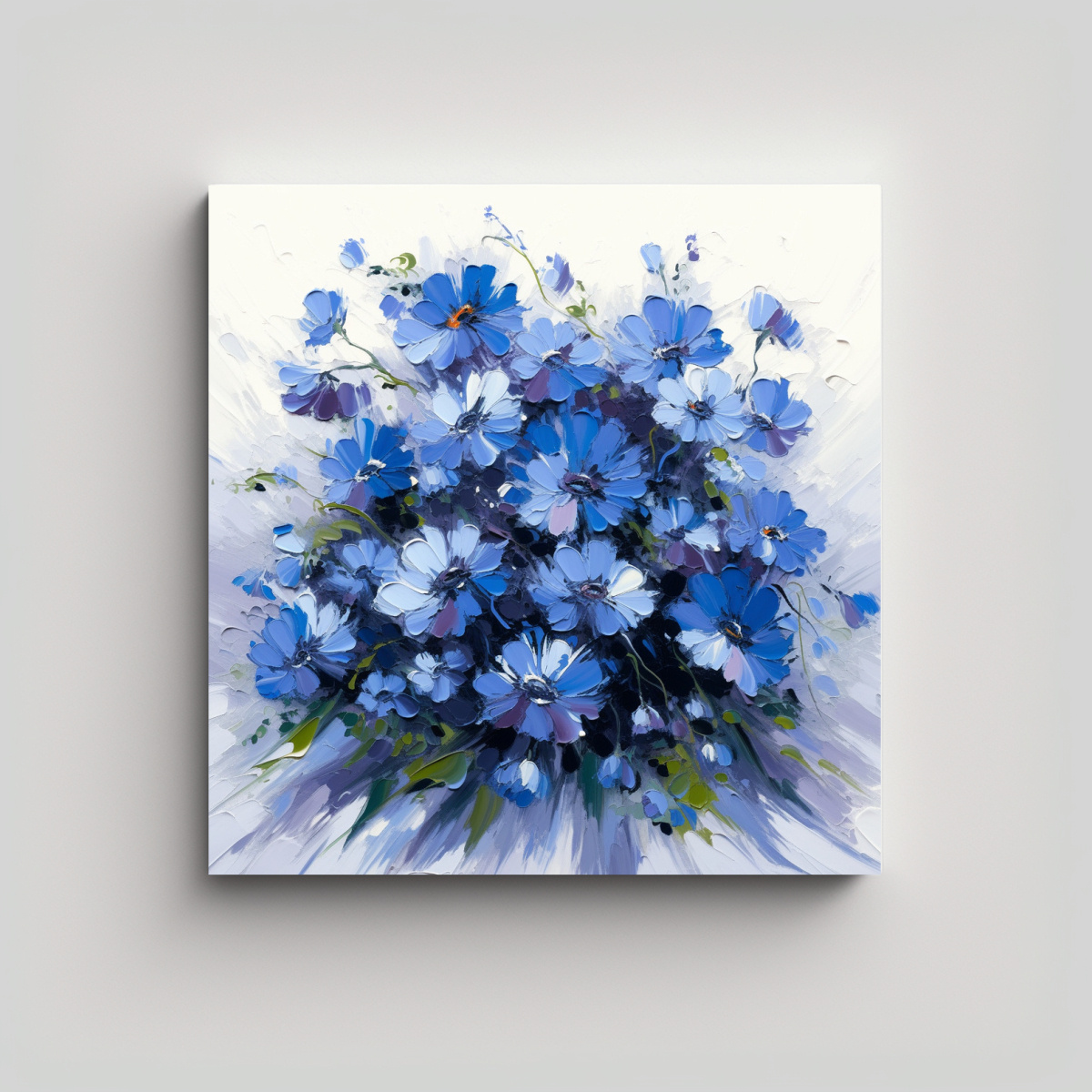 PINTURA BRILLANTE DE FLORES AZULES EN LIENZO 60X60 CM - 1
