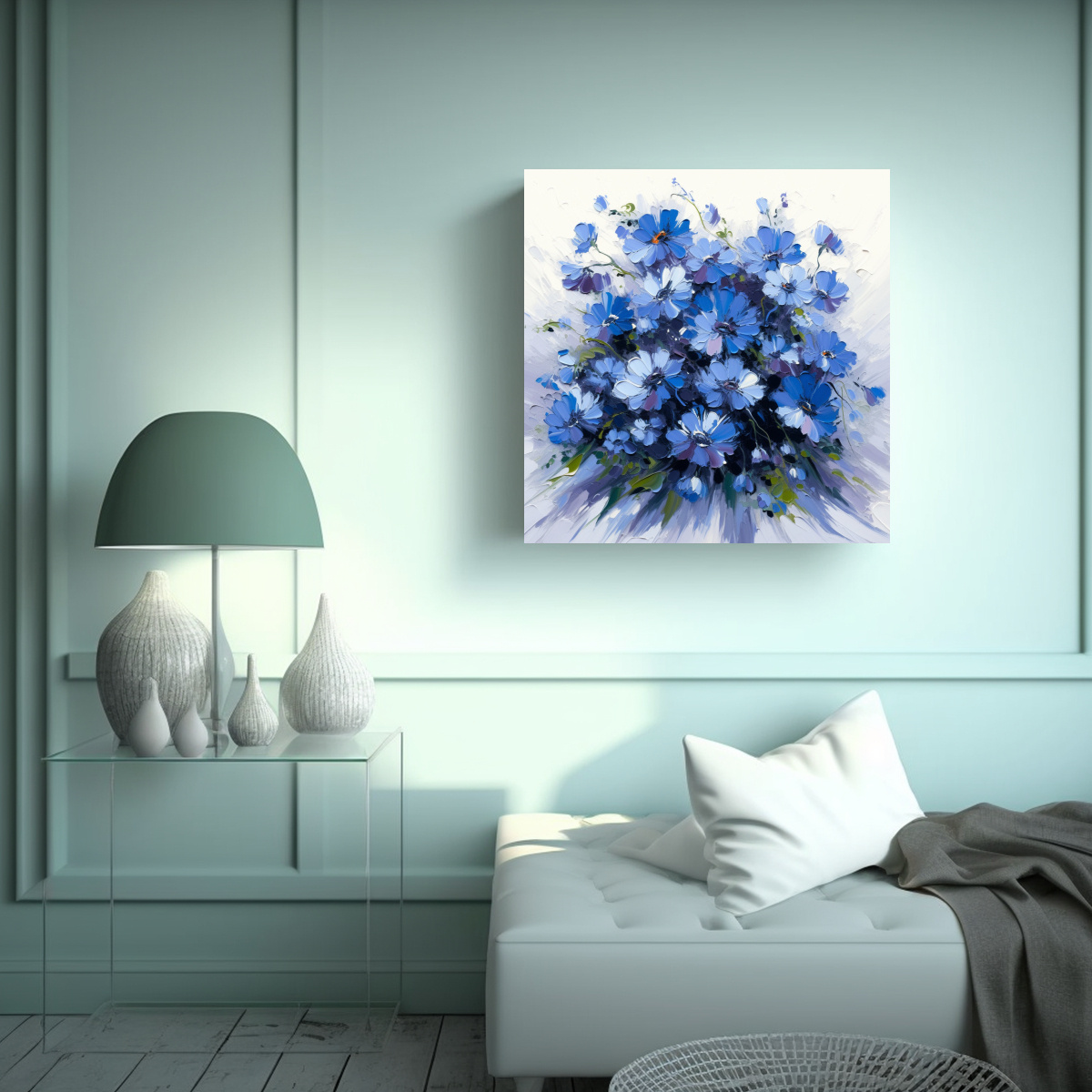 PINTURA BRILLANTE DE FLORES AZULES EN LIENZO 60X60 CM - 2