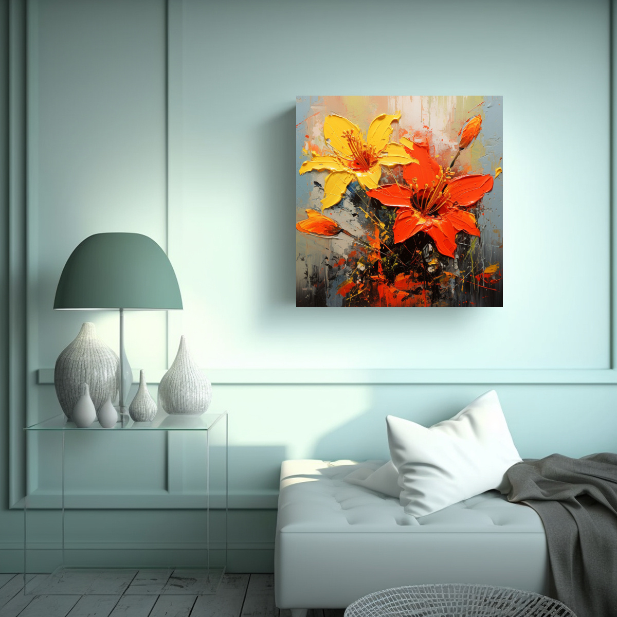 CUADRO TEMA IMPACTANTE AMARILLO Y ROJO FLORES EN 100X100 CM - 2