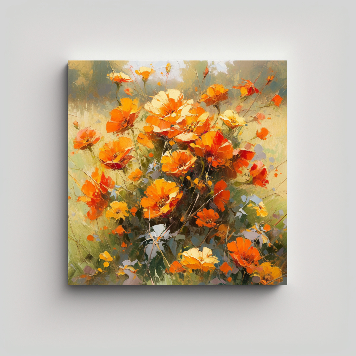 PINTURA EN LIENZO DE FLORES AMARILLAS Y ROJAS EN 60X60 CM - 1