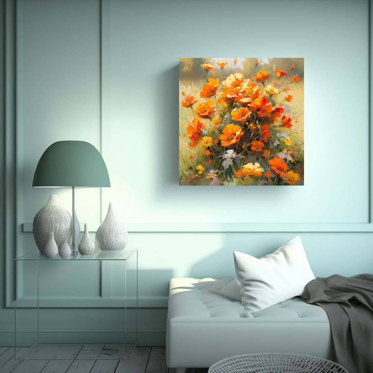 PINTURA EN LIENZO DE FLORES AMARILLAS Y ROJAS EN 60X60 CM - 2
