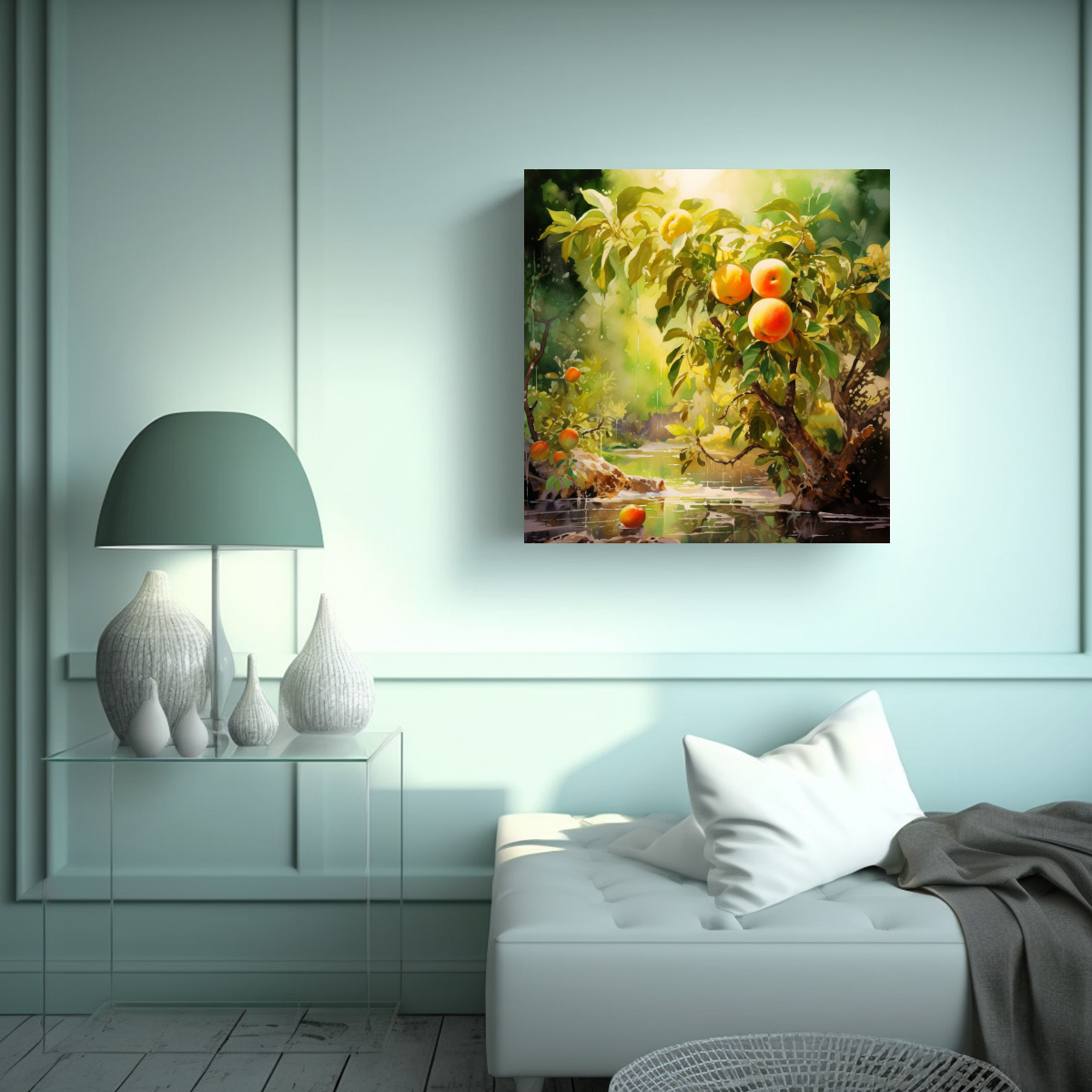 COMPOSICIÓN ACUARELA VIDA ÁRBOLES FRUTA COLORES 90X90 CM - 2