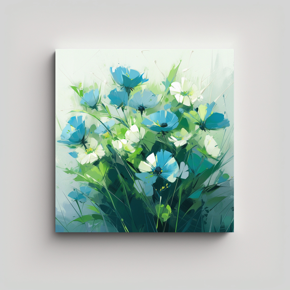 PINTURA ARTESANAL DE FLORES VERDES Y AZULES EN 40X40 CM - 1