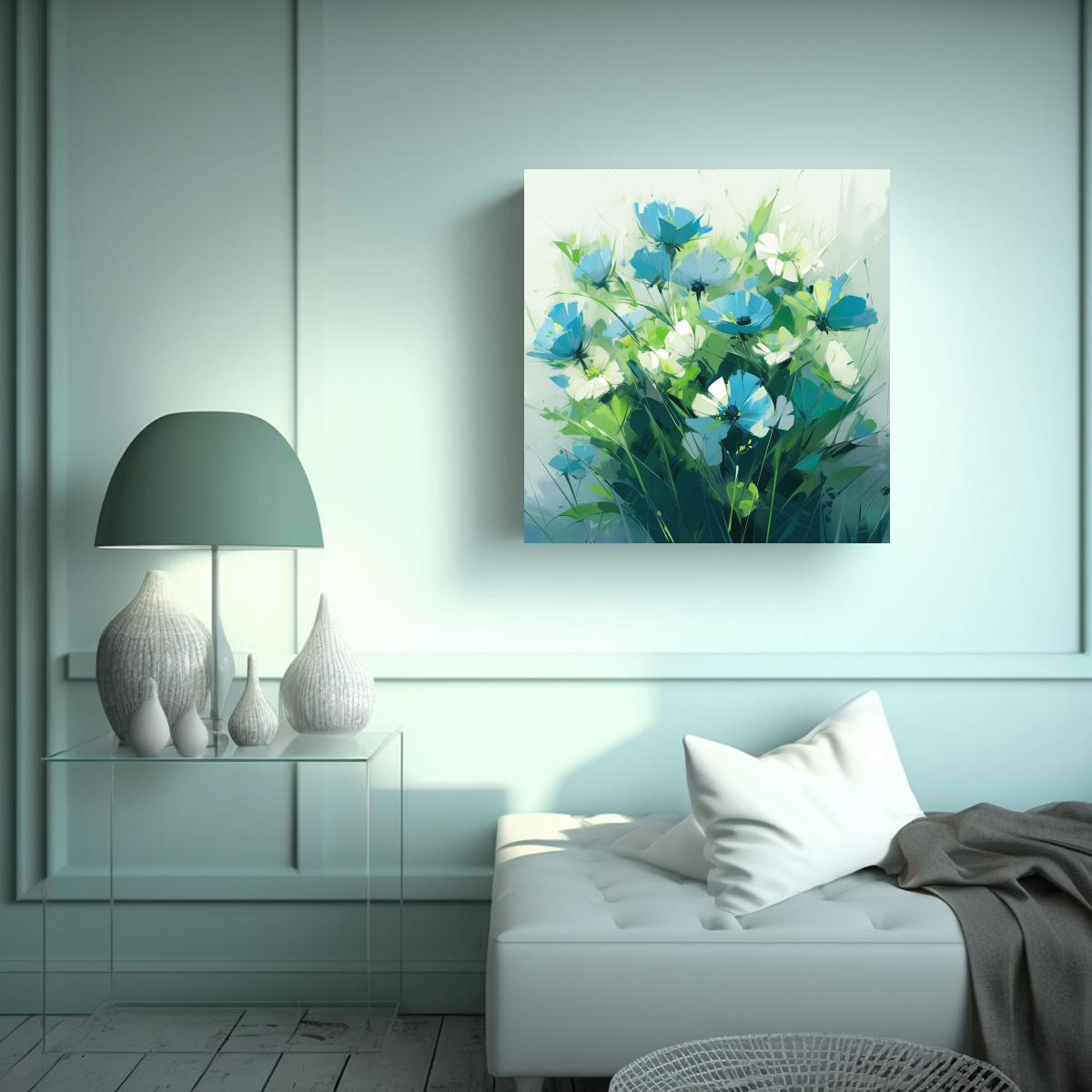 PINTURA ARTESANAL DE FLORES VERDES Y AZULES EN 40X40 CM - 2