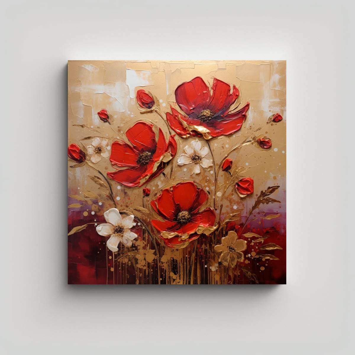 PINTURA CUADRO FLORAL ROJO Y DORADO EN LIENZO 60X60 CM - 1