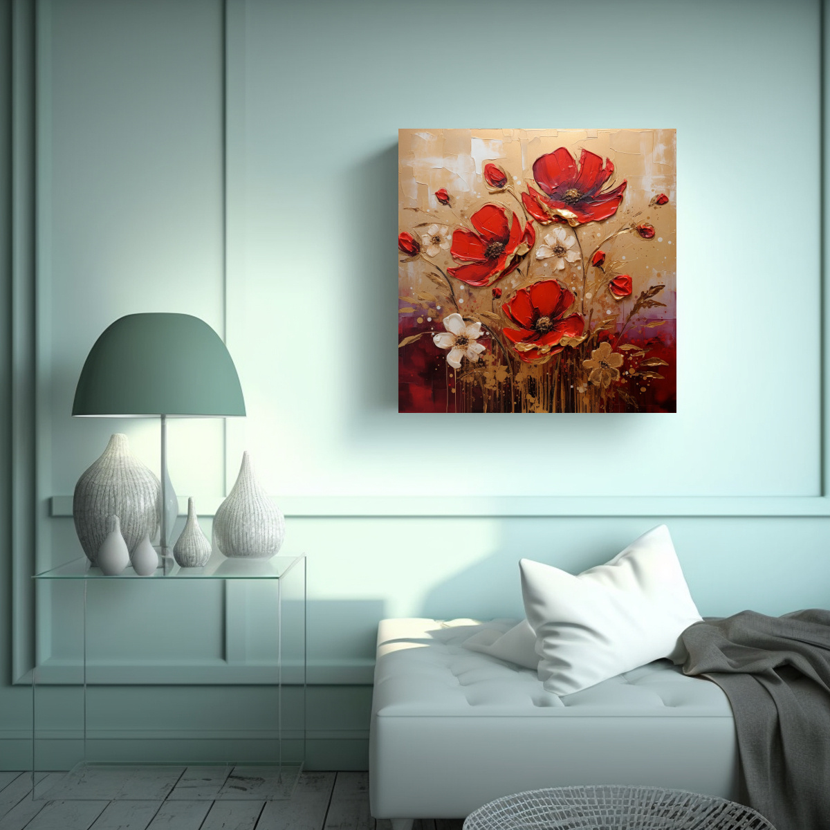 PINTURA CUADRO FLORAL ROJO Y DORADO EN LIENZO 60X60 CM - 2