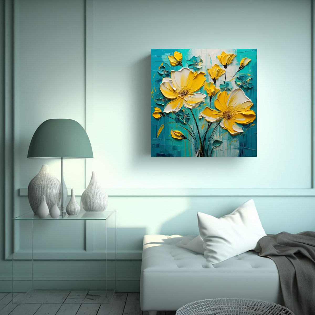 CUADRO DECORATIVO FLORAL AMARILLO Y TURQUESA EN 70X70 CM - 2