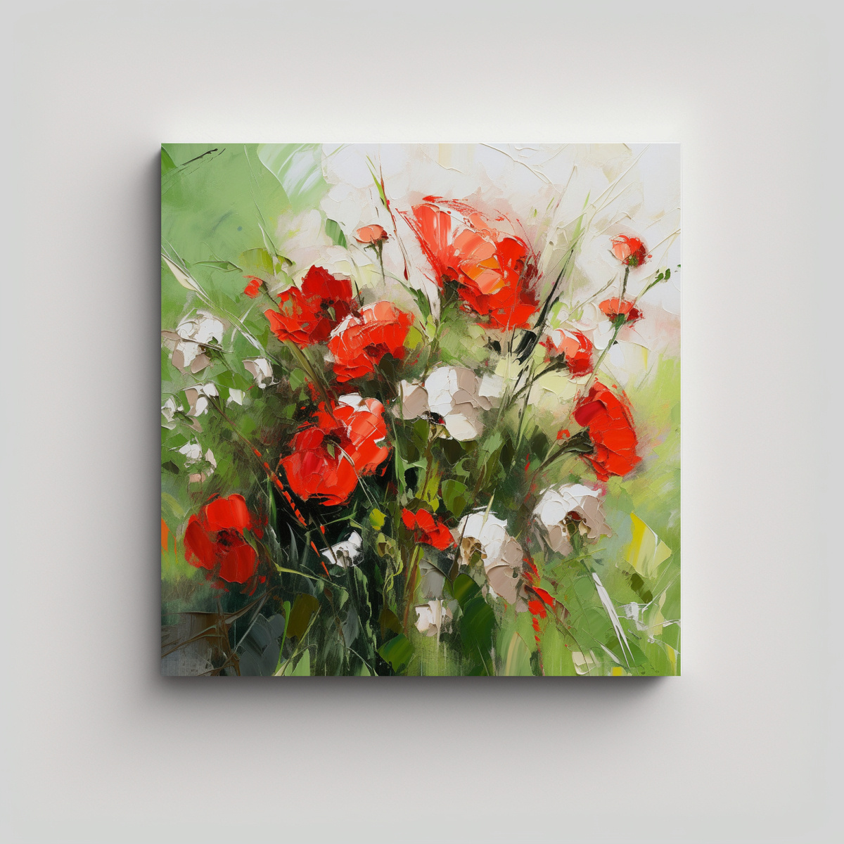 ARTE FLORAL EN LIENZO CON COLORES VERDE Y ROJO 60X60 CM - 1
