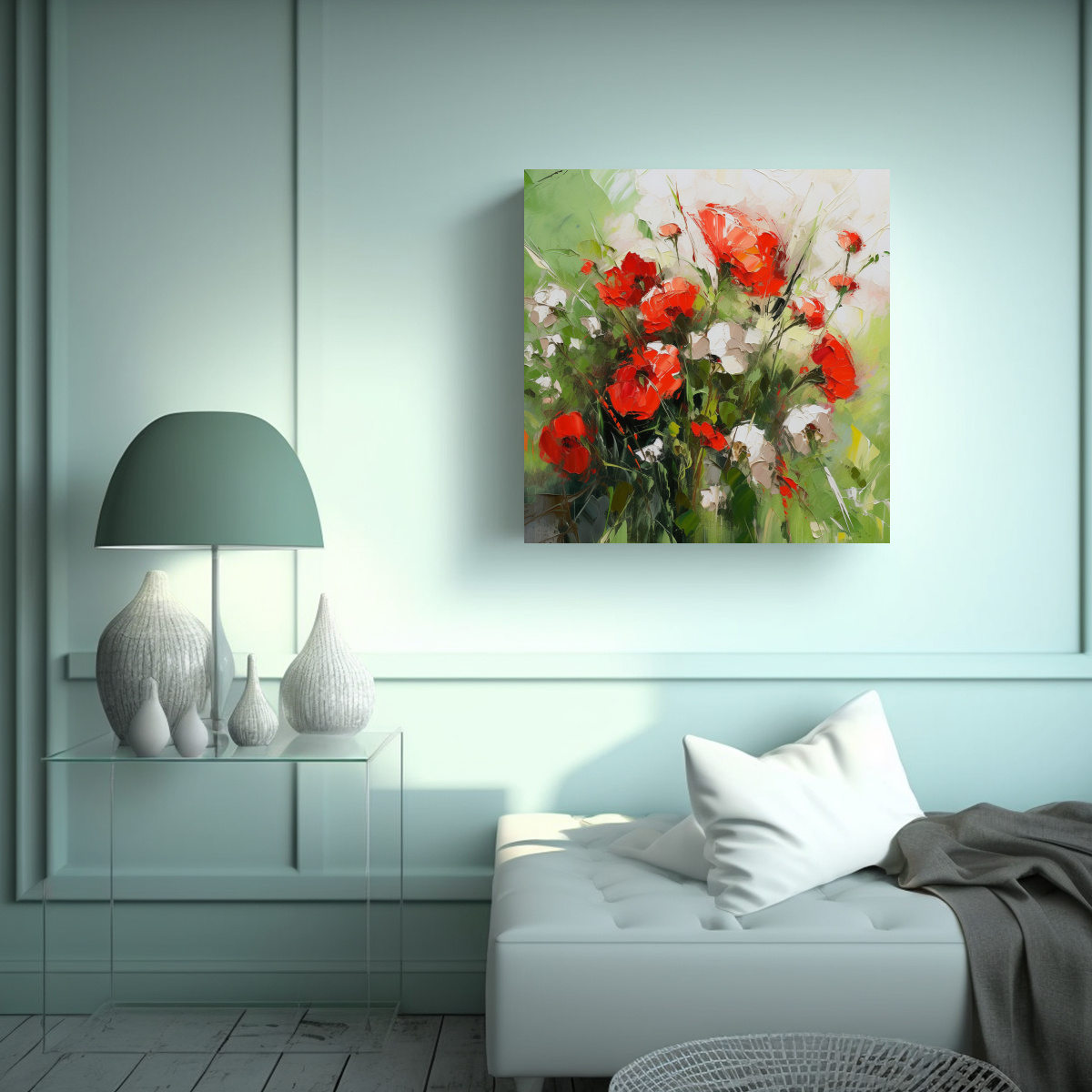 ARTE FLORAL EN LIENZO CON COLORES VERDE Y ROJO 60X60 CM - 2