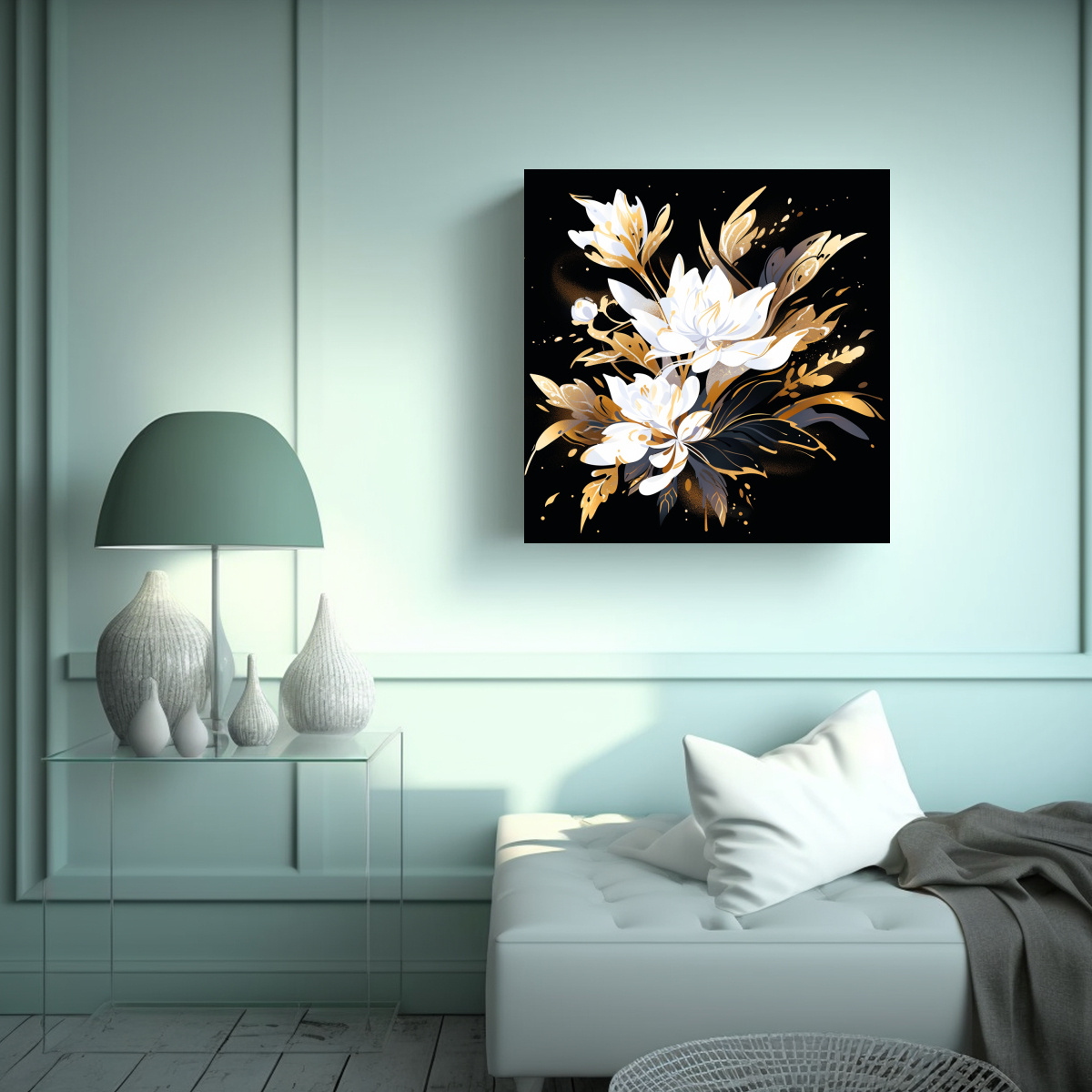 PINTURA MODERNA DE TONALIDADES BLANCAS Y DORADAS 80X80 CM - 2