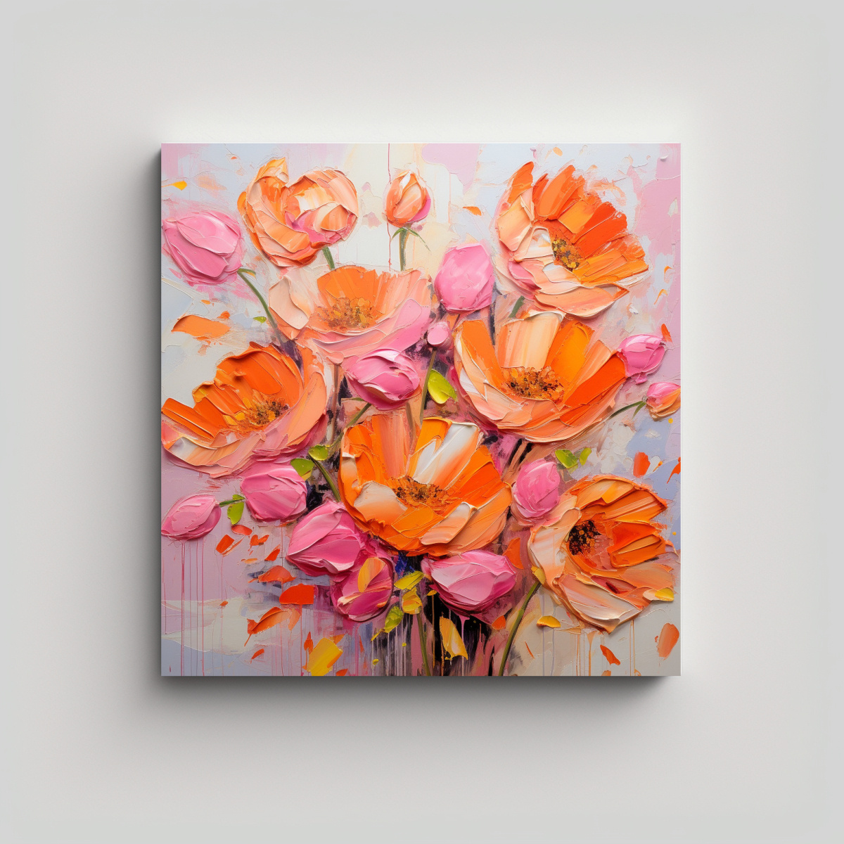 LIENZO CON FLORES EN TONOS NARANJA Y ROSA PARA 30X30 CM - 1