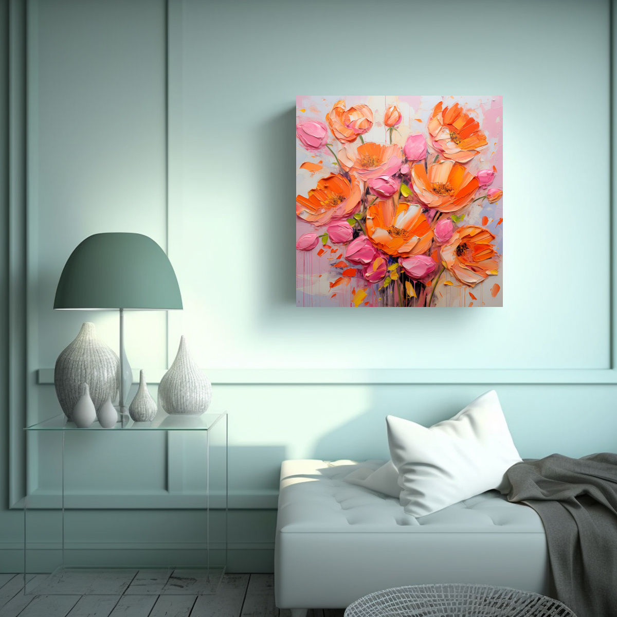 LIENZO CON FLORES EN TONOS NARANJA Y ROSA PARA 30X30 CM - 2