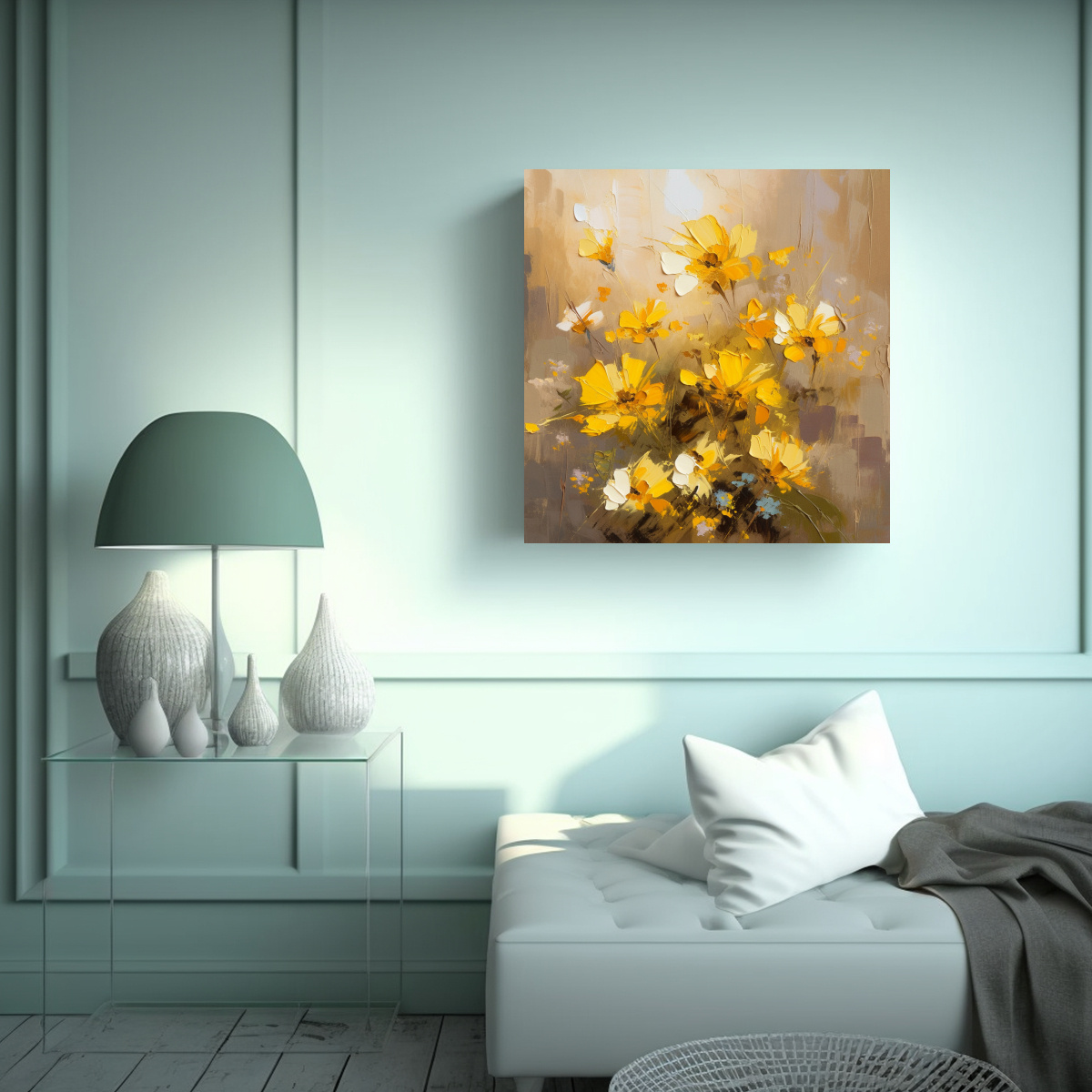 CUADRO DE PARED EN ACUARELA ADORNO AMARILLO Y 40X40 CM - 2