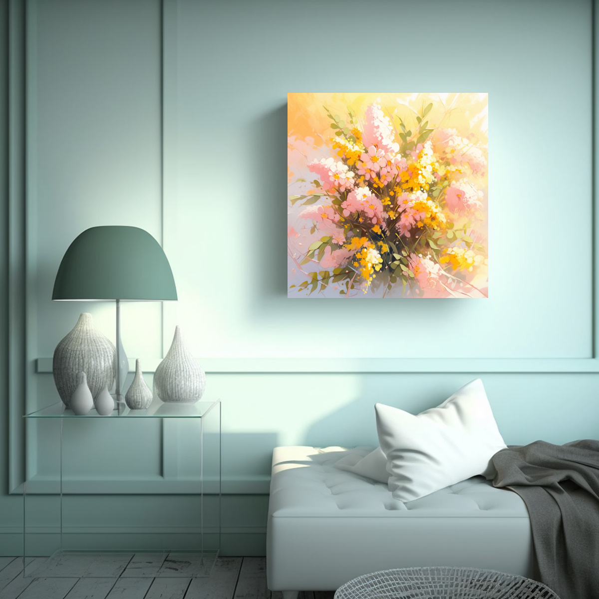 PINTURA EN BASTIDOR FLORAL MODERNA EN AMARILLO Y 100X100 CM - 2