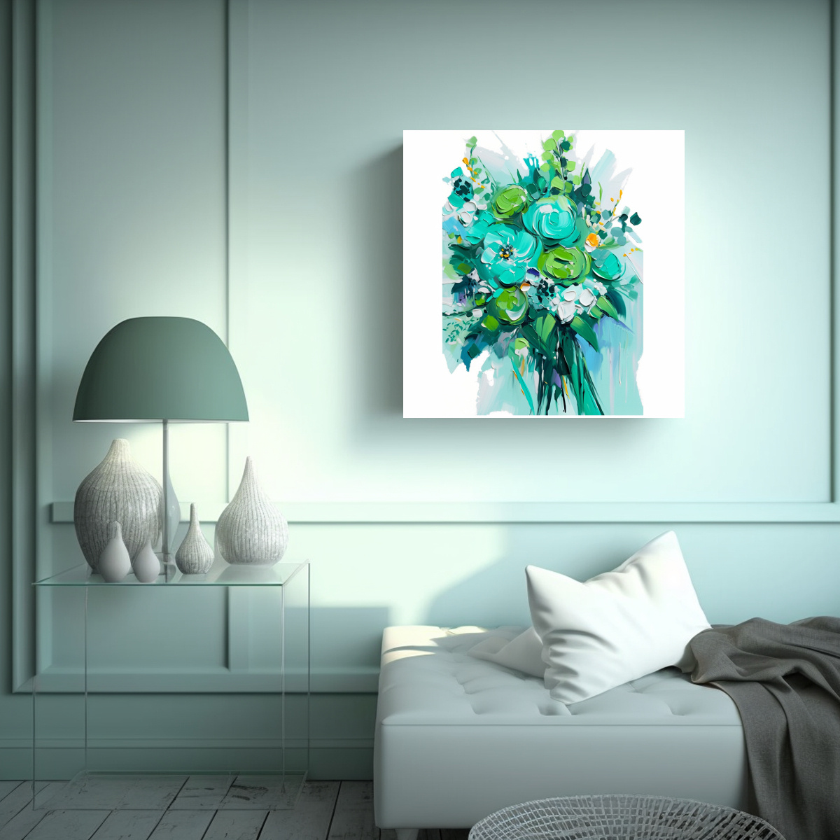 PINTURA EN LIENZO DE FLORES EN COLORES VERDE Y 30X30 CM - 2