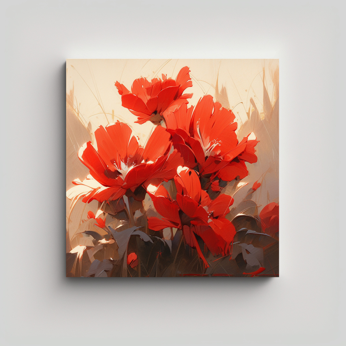 CUADRO ABSTRACTO: FLORES ROJAS EN GAMA DE COLORES 20X20 CM - 1