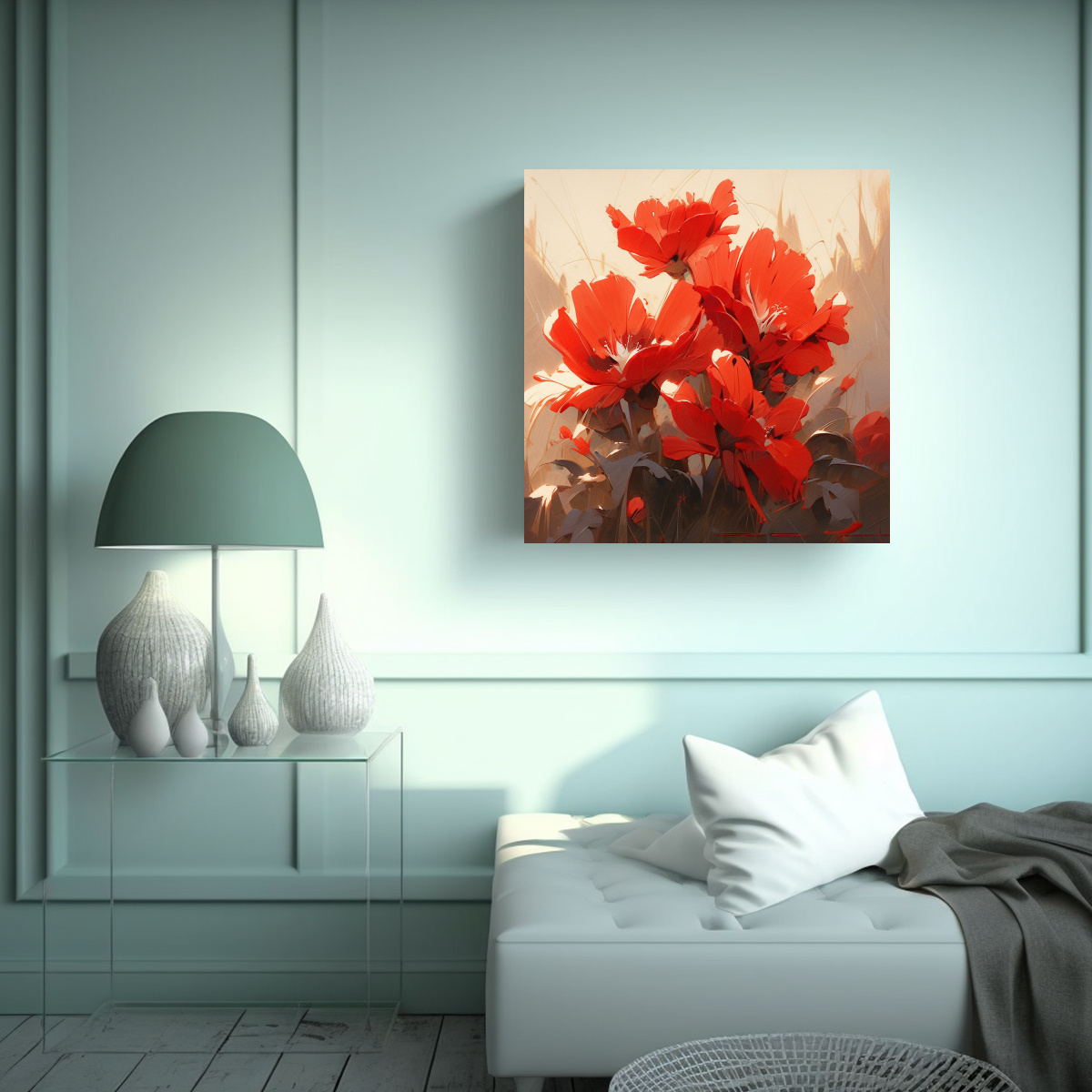 CUADRO ABSTRACTO: FLORES ROJAS EN GAMA DE COLORES 20X20 CM - 2