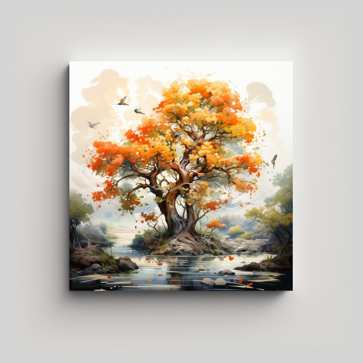 PINTURA ABSTRACTA EN BLANCO Y NARANJA CON FIGURAS 30X30 CM - 1