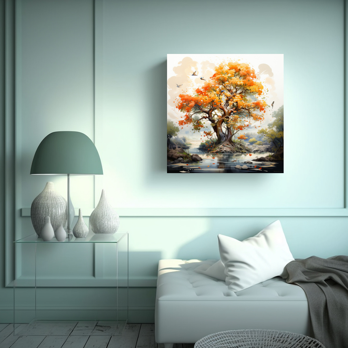 PINTURA ABSTRACTA EN BLANCO Y NARANJA CON FIGURAS 30X30 CM - 2