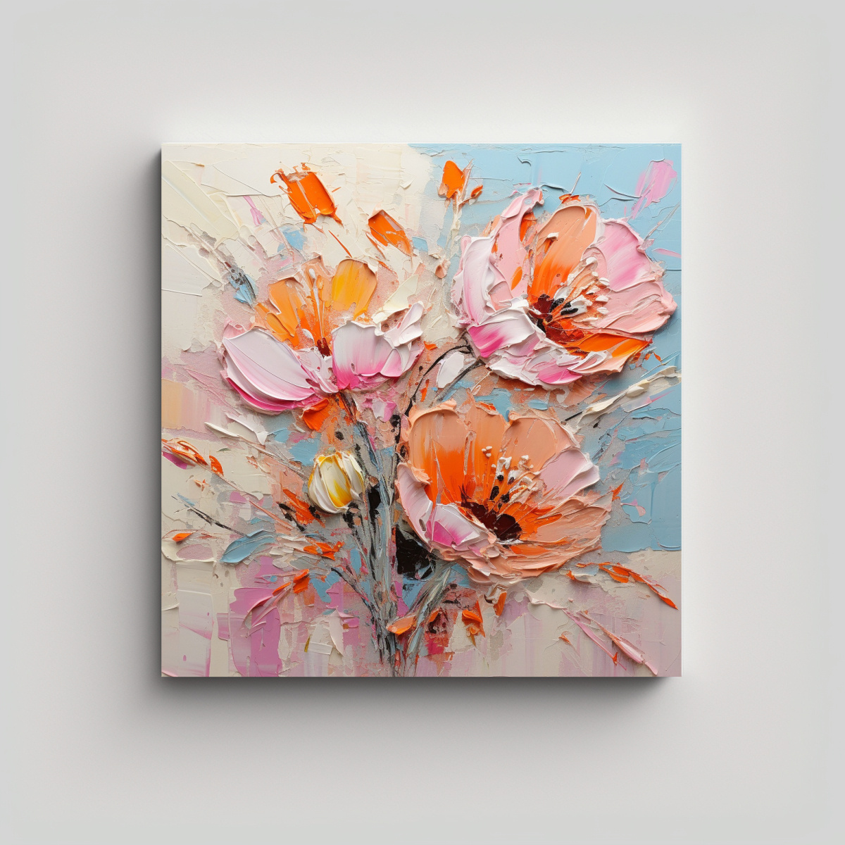 PINTURA EN LIENZO DE FLORES EN COLORES NARANJA Y 80X80 CM - 1