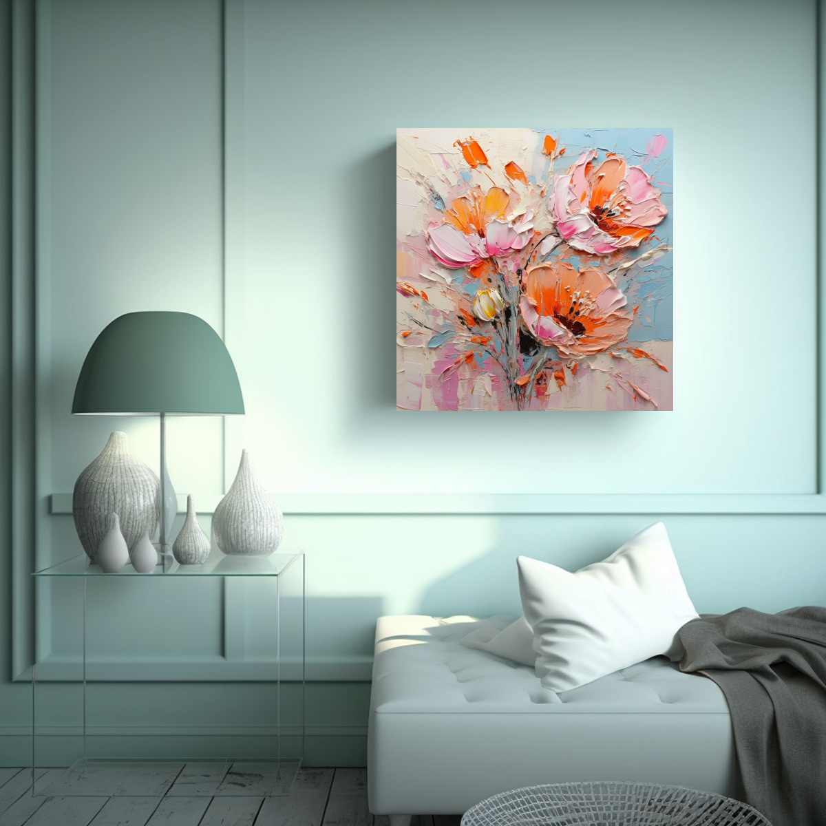 PINTURA EN LIENZO DE FLORES EN COLORES NARANJA Y 80X80 CM - 2