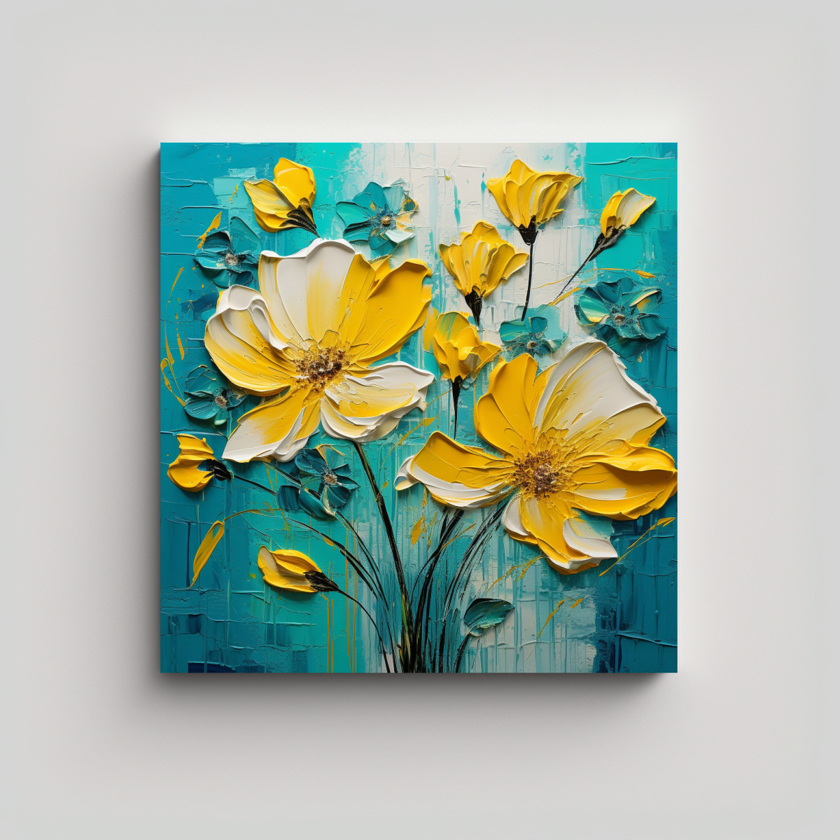 CUADRO DECORATIVO FLORAL AMARILLO Y TURQUESA EN 60X60 CM - 1