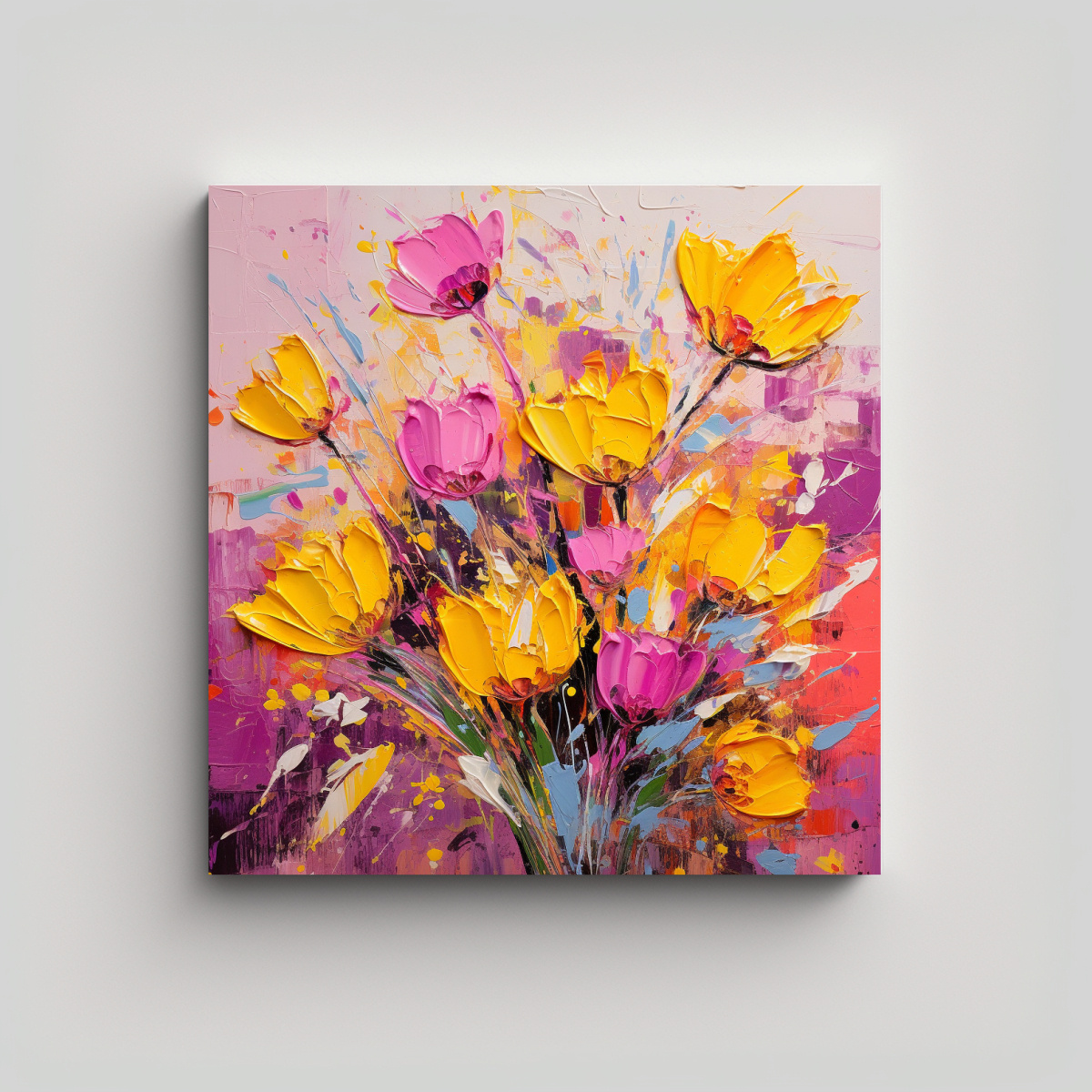 PINTURA FLORAL EN LIENZO AMARILLO Y MAGENTA PARA 100X100 CM - 1