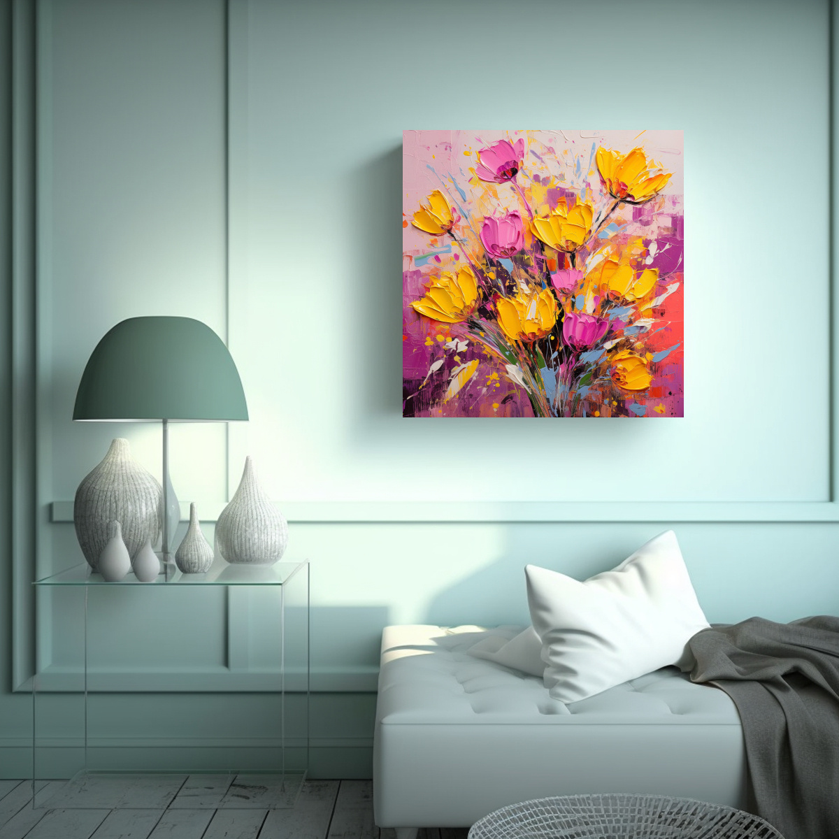 PINTURA FLORAL EN LIENZO AMARILLO Y MAGENTA PARA 100X100 CM - 2