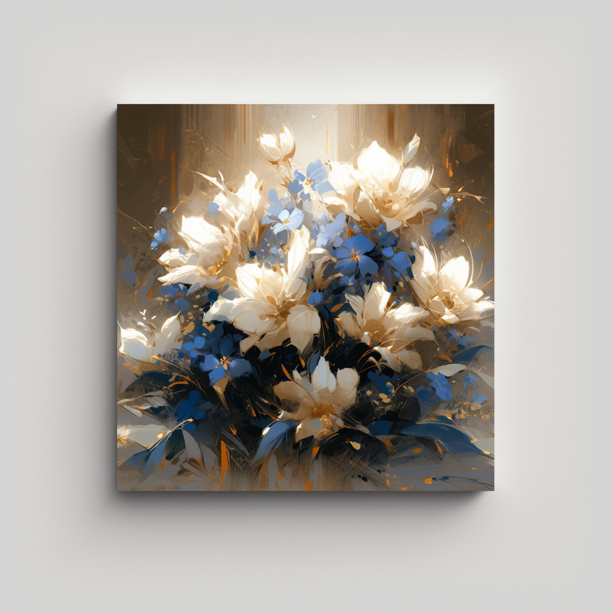 PINTURA DE FLORES EN TONOS DORADOS Y AZULES PARA 90X90 CM - 1
