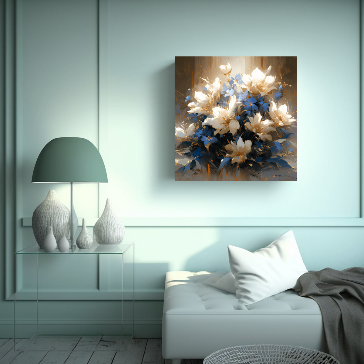 PINTURA DE FLORES EN TONOS DORADOS Y AZULES PARA 90X90 CM - 2