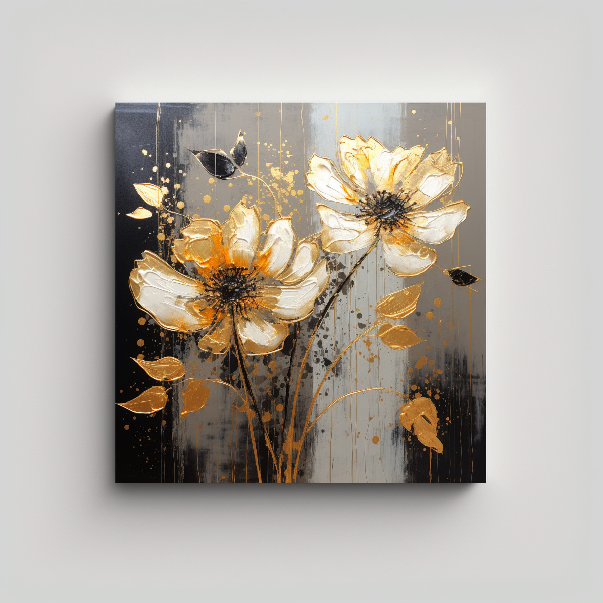 PINTURA EN LIENZO DE FLORES EN COLORES ORO Y 50X50 CM - 1