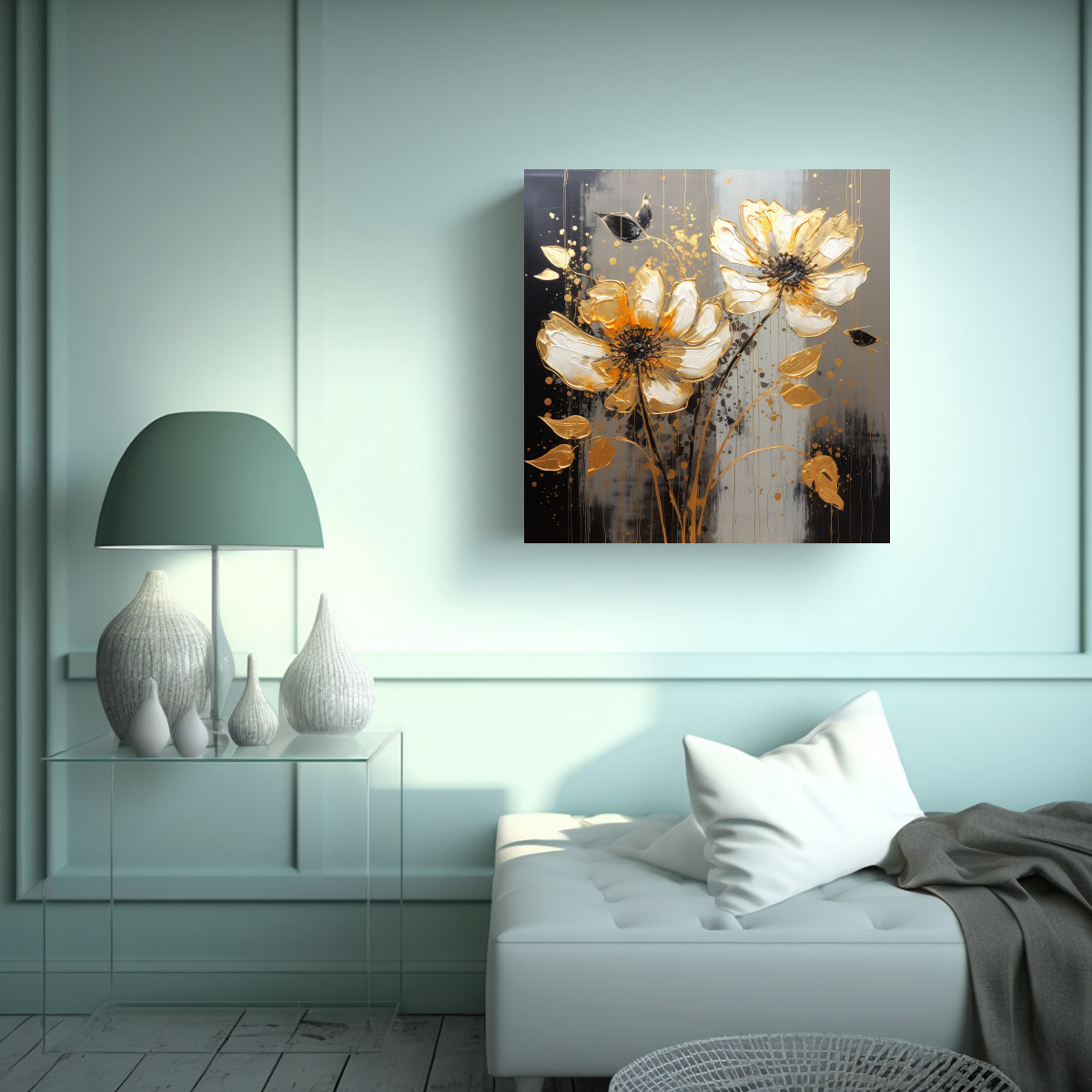 PINTURA EN LIENZO DE FLORES EN COLORES ORO Y 50X50 CM - 2