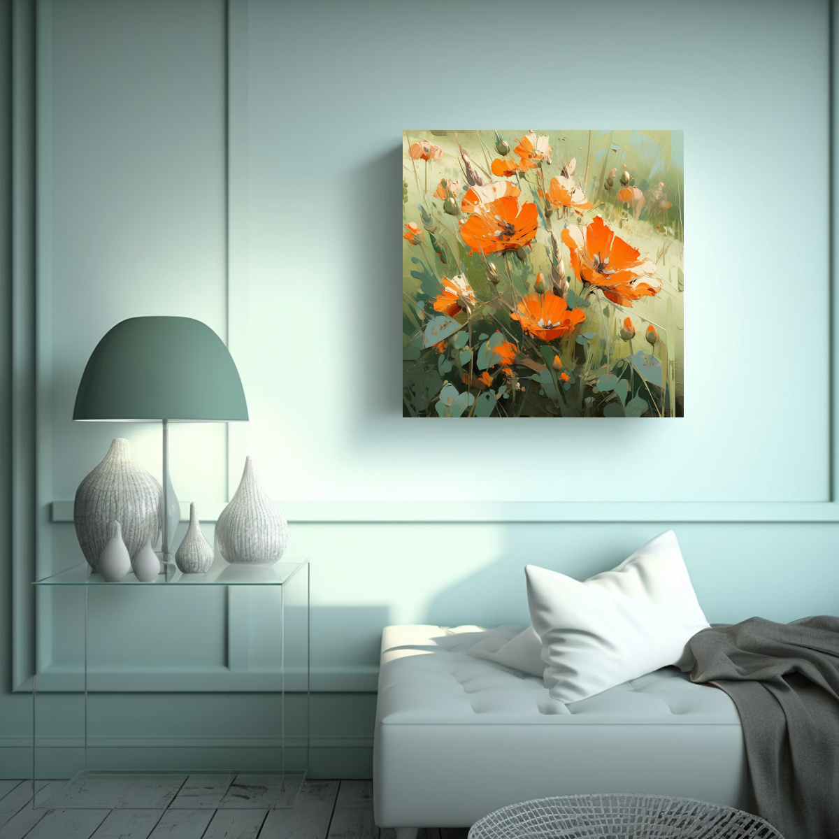 PINTURA EN LIENZO DE FLORES EN COLORES VERDE Y 70X70 CM - 2