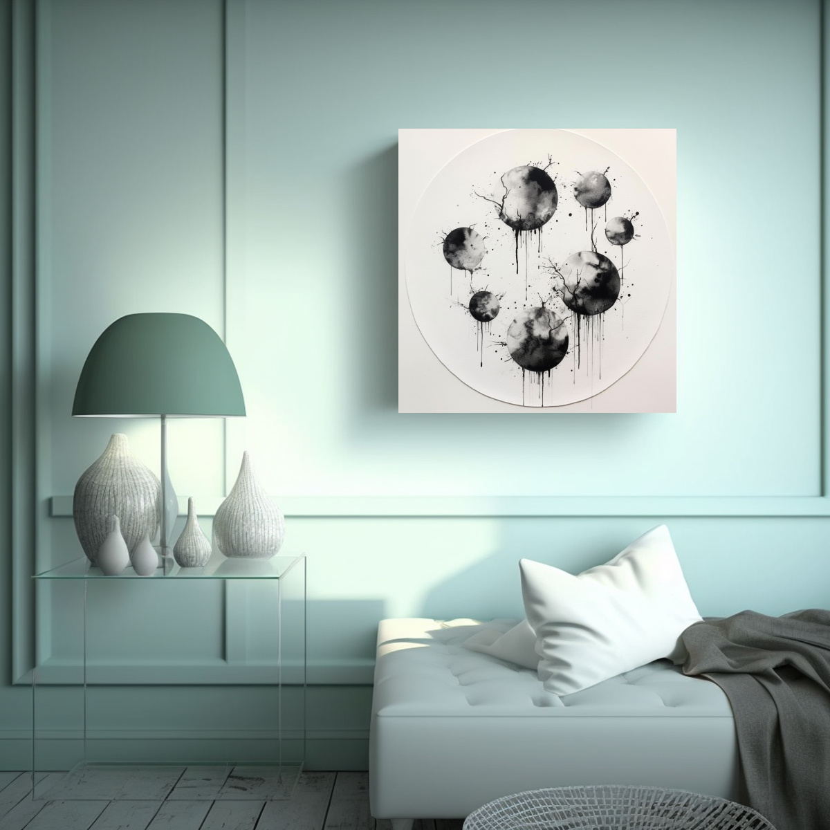 CUADRO VINTAGE DE SALA, DIEZ LUNAS SOBRE BLANCO 90X90 CM - 2
