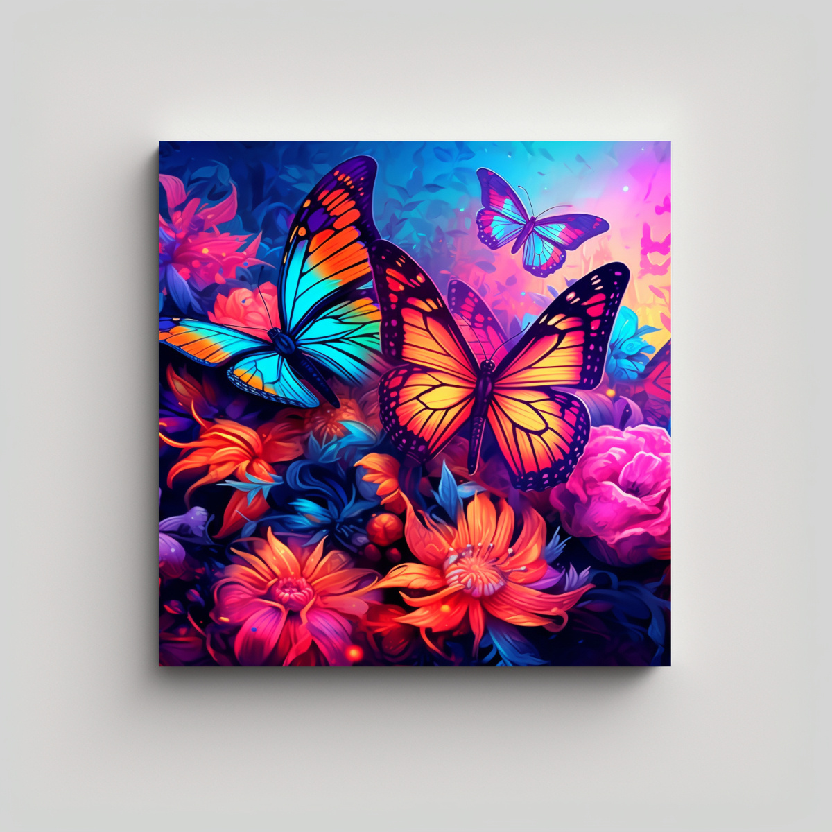 CUADRO ABSTRACTO ORIGINAL CON MARIPOSAS COLORIDAS 70X70 CM - 1