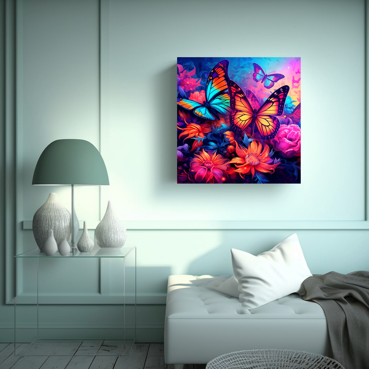 CUADRO ABSTRACTO ORIGINAL CON MARIPOSAS COLORIDAS 70X70 CM - 2