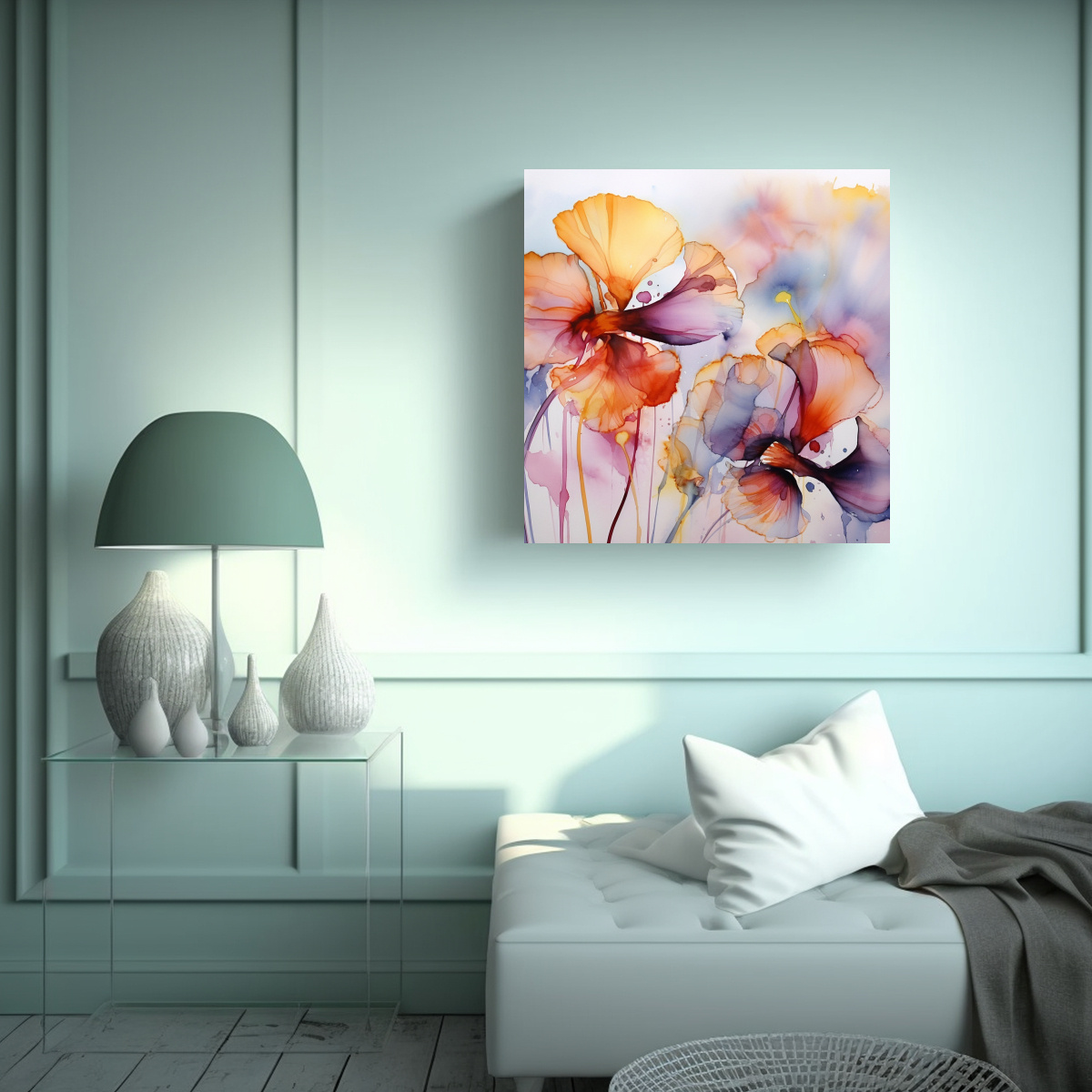 PINTURAS ABSTRACTAS DE FLORES EN ACUARELA 60X60 CM - 2