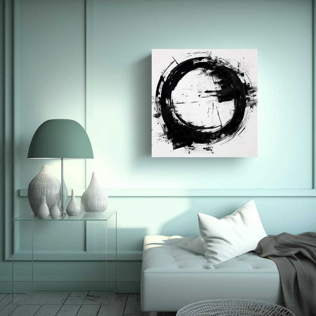 PINTURA ACRÍLICA EN BLANCO Y NEGRO CON CÍRCULOS 70X70 CM - 2