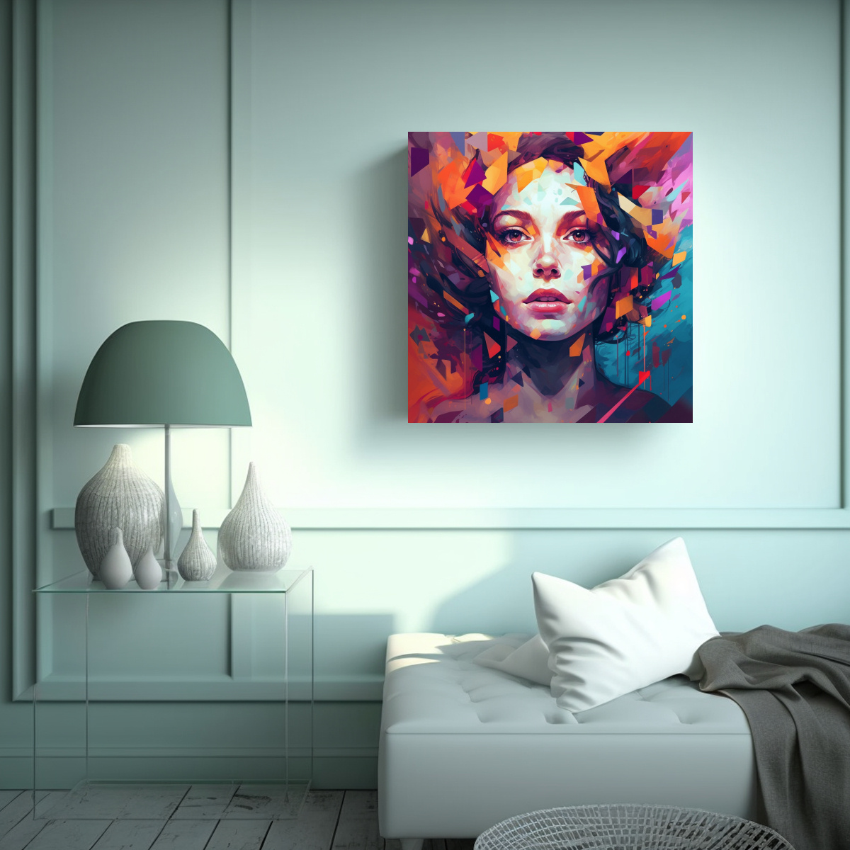 PINTURA DECORATIVA: ROSTRO DE MUJER CUBIERTO CON 70X70 CM - 2