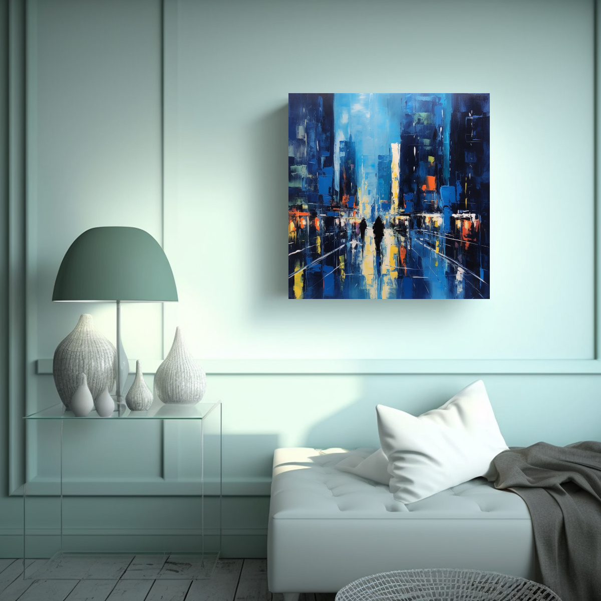PINTURA EN BASTIDOR CREATIVA PODER CIUDAD EN AZUL 30X30 CM - 2