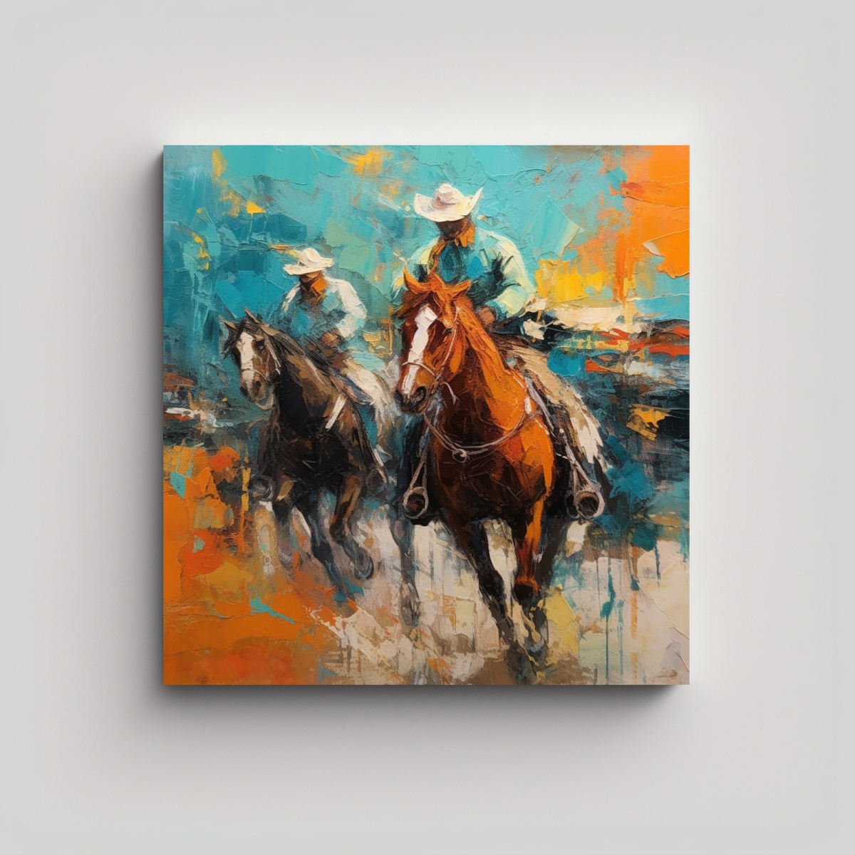 PINTURA EN ÓLEO DE VAQUEROS Y CABALLOS 30X30 CM - 1