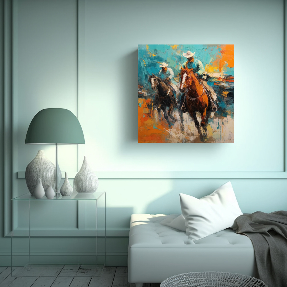 PINTURA EN ÓLEO DE VAQUEROS Y CABALLOS 30X30 CM - 2