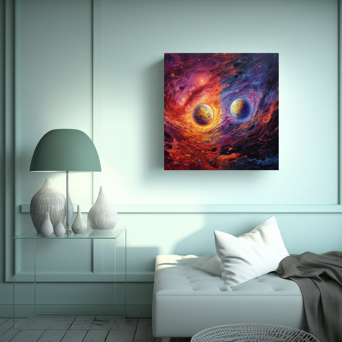 PINTURAS DECORATIVAS CON DOS PLANETAS Y COLOR DE 90X90 CM - 2