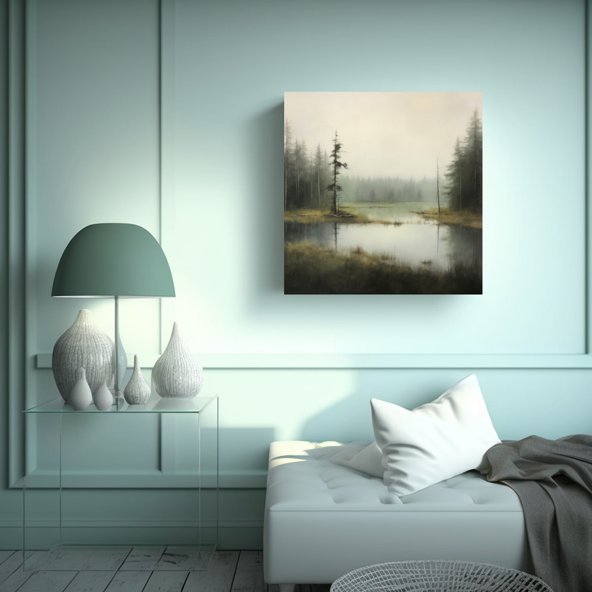 PINTURA AL ÓLEO MINIMALISTA DE UN PAISAJE LEJANO 80X80 CM - 2