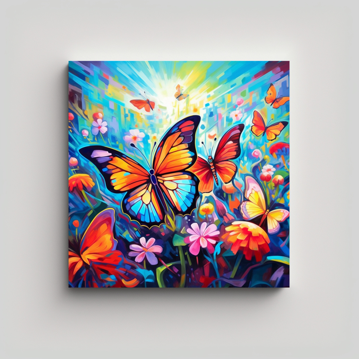 CUADRO DE TELA SUBLIMADA CON MARIPOSAS NEÓN 60X60 CM - 1