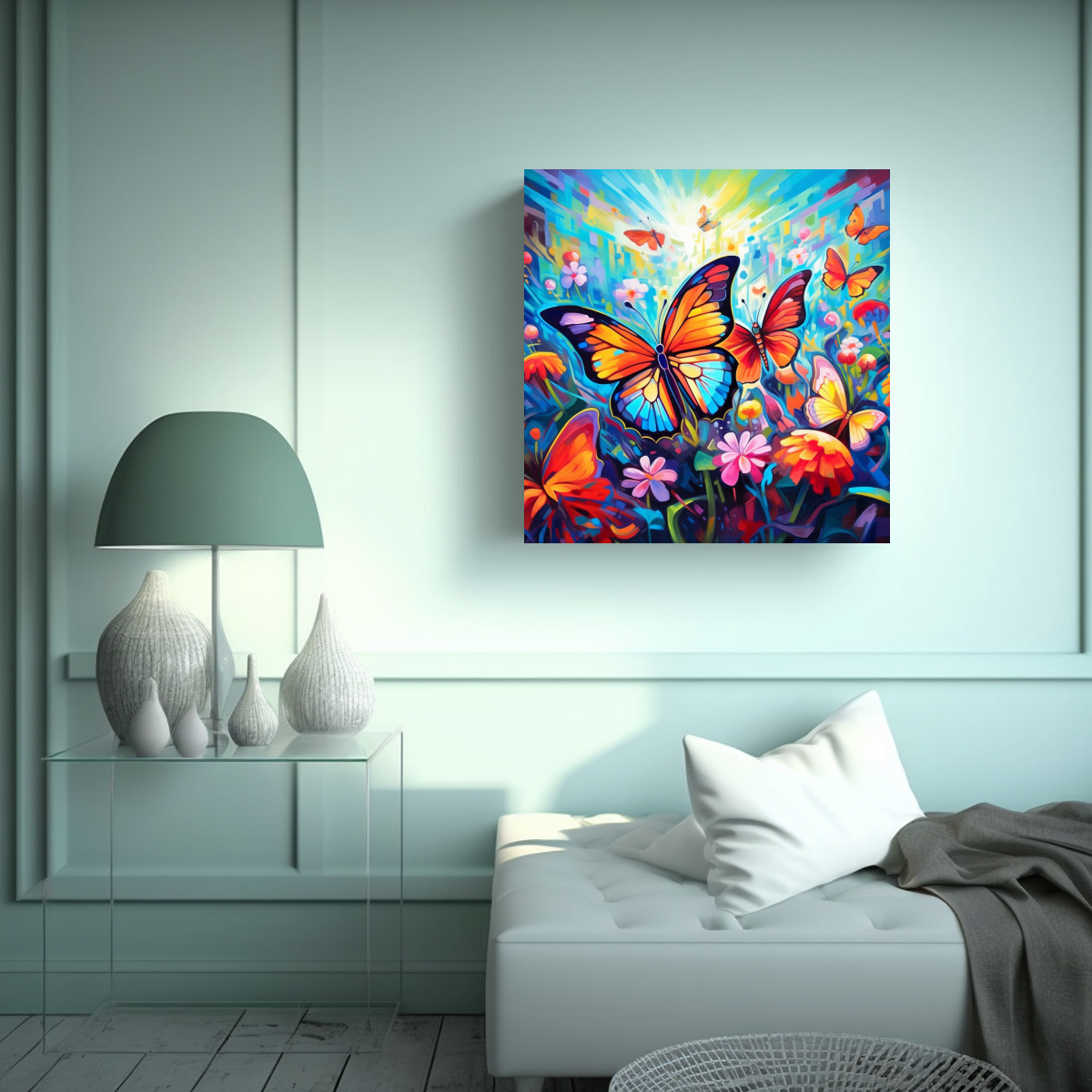 CUADRO DE TELA SUBLIMADA CON MARIPOSAS NEÓN 60X60 CM - 2
