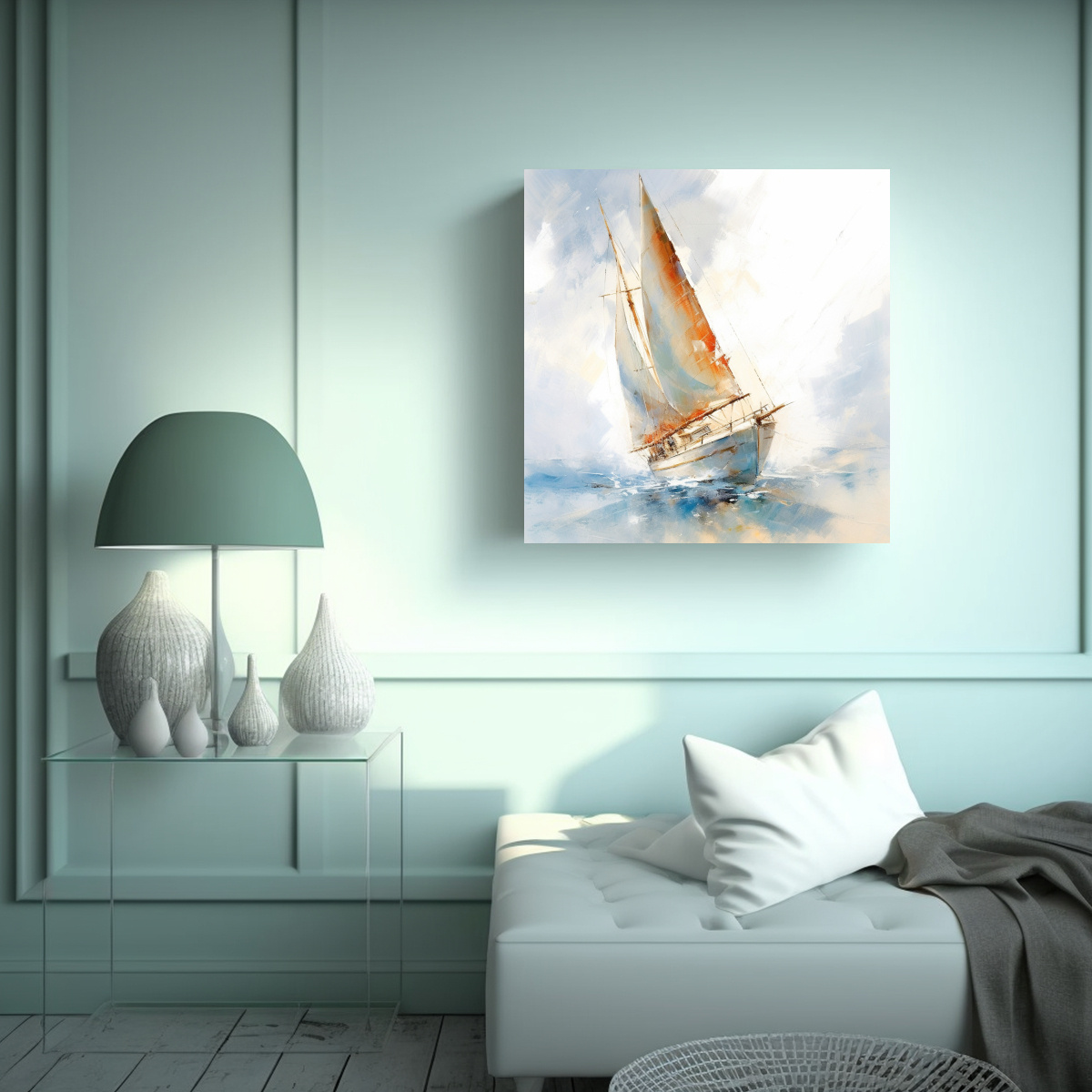 PINTURA DE ARTE FINO DE BARCO DE VELA EN FONDO 80X80 CM - 2