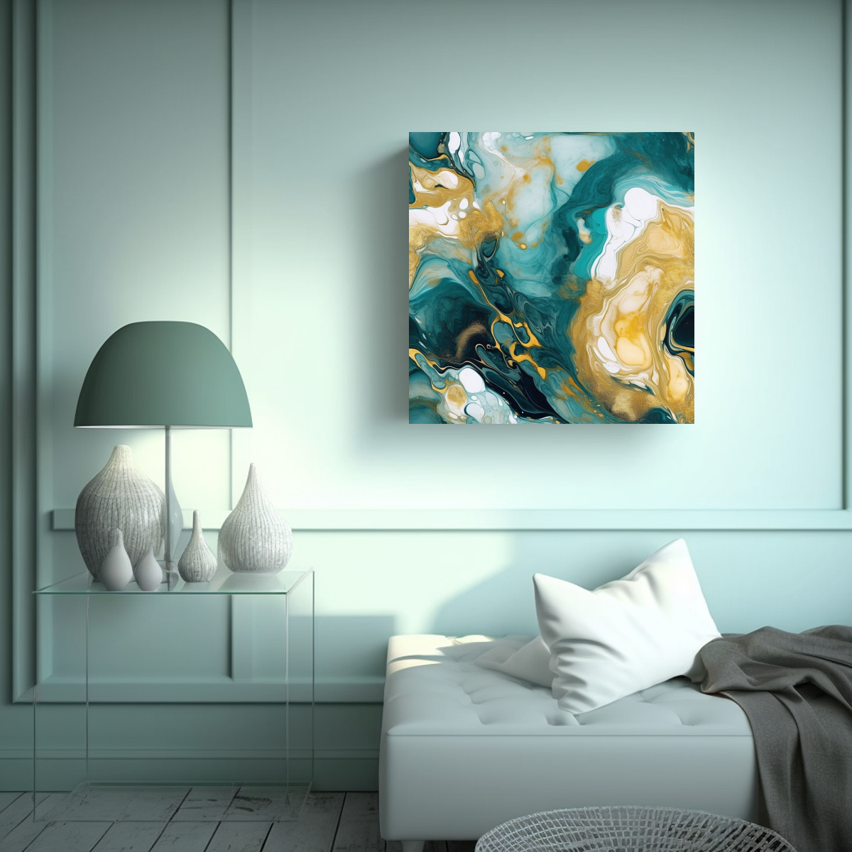 LIENZO DE TELA CUADRO IMPACTO VISUAL AZUL Y DORADO 80X80 CM - 2