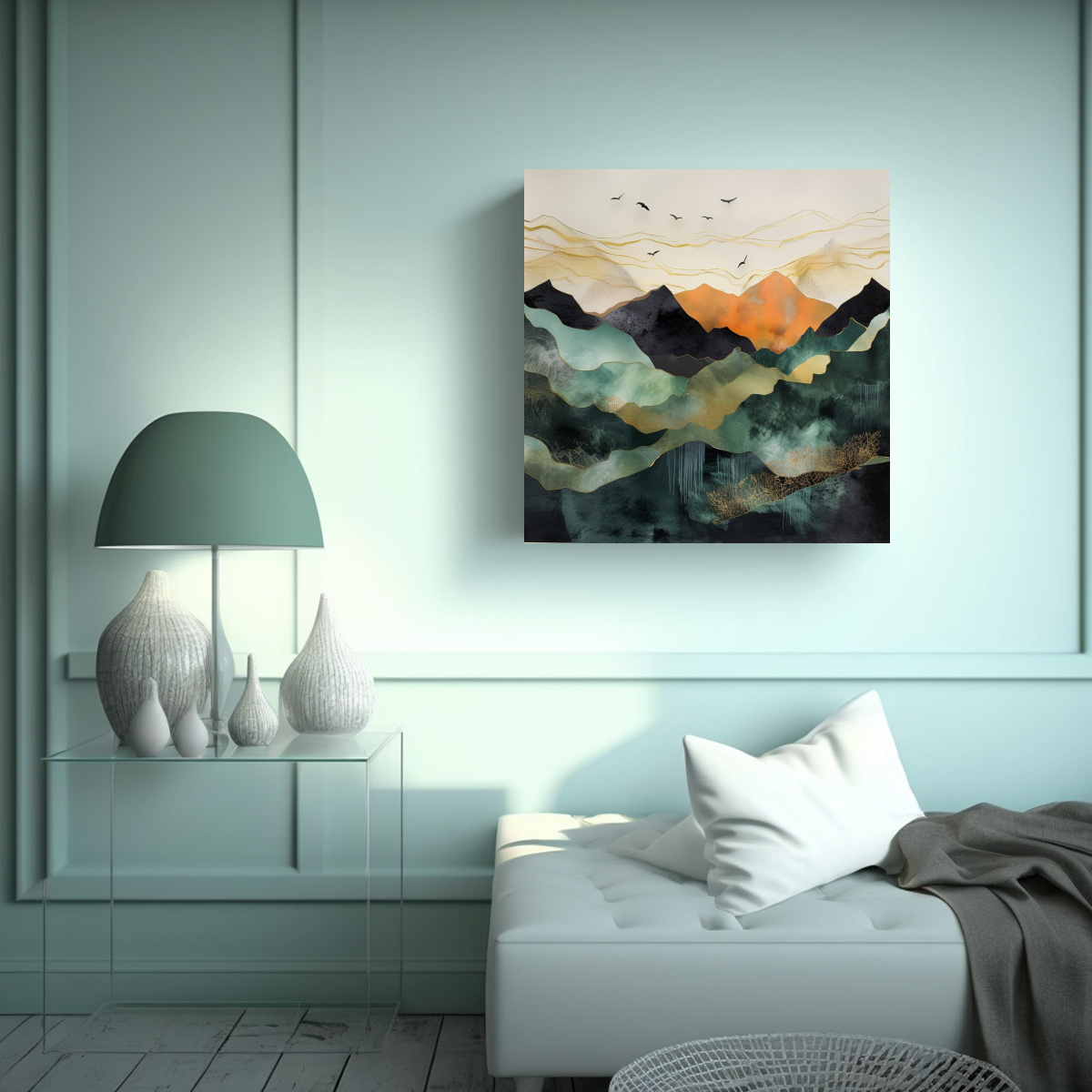 PINTURA ABSTRACTA PAISAJE MONTAÑAS SOL ALTA 100X100 CM - 2